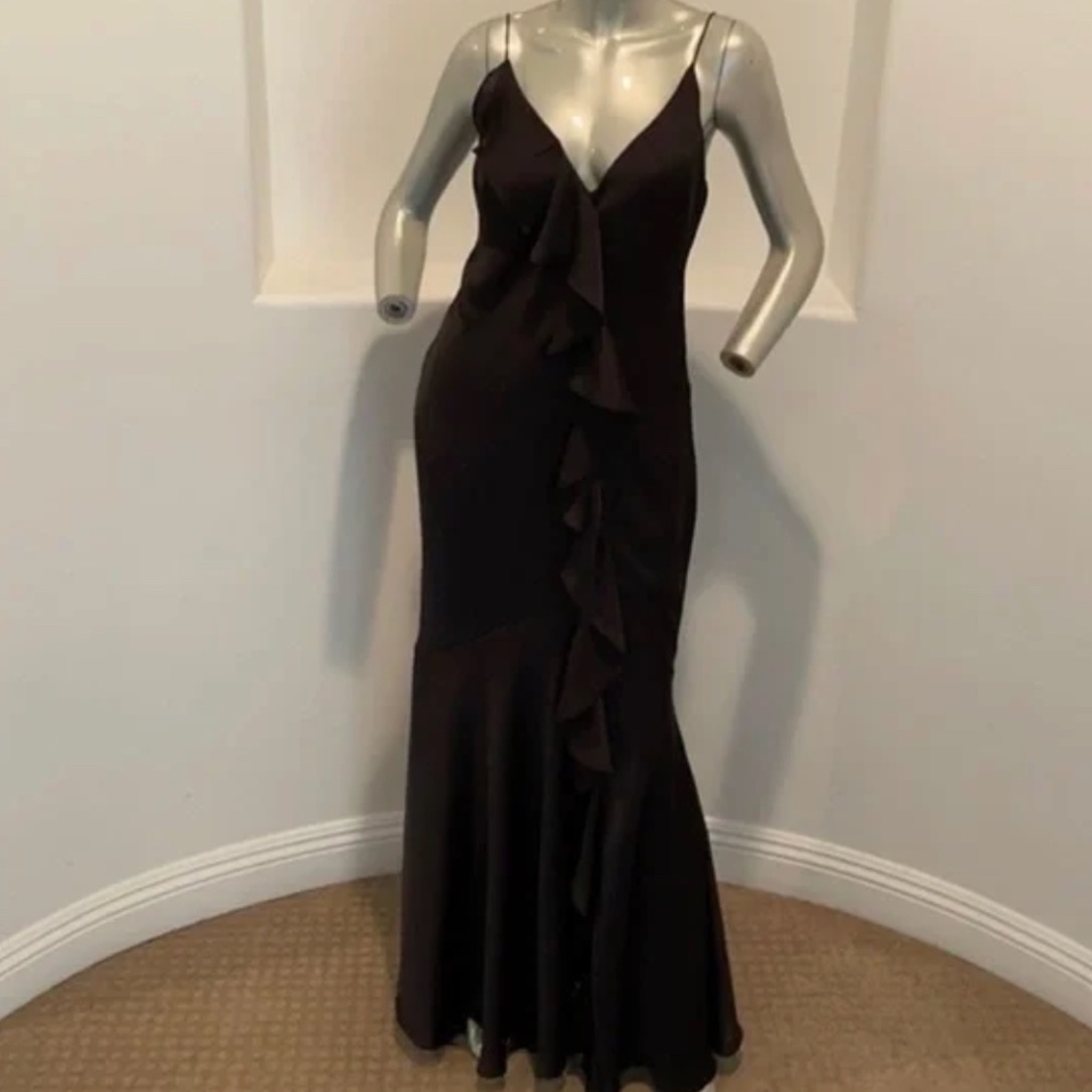 Aidan Mattox Black Spaghetti Strap Satin Ruffle Maxi Dress Size 4
